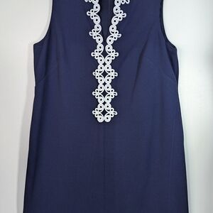 Classic Blue Shift Dress with Swirl Embroidered Trim Size 16W Lined